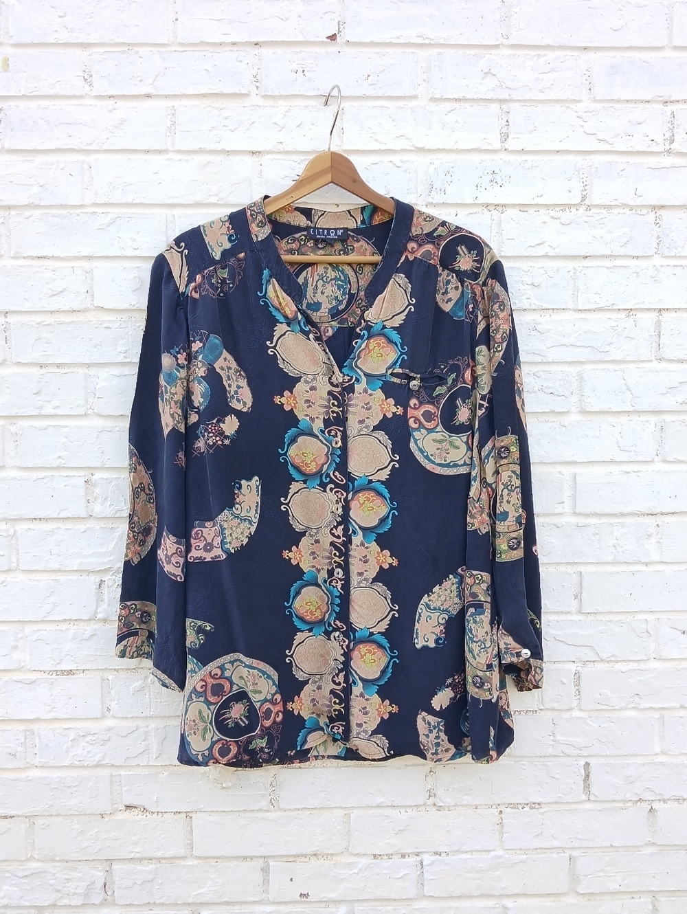 Vintage Citron Silk Button Down Blouse Multicolor